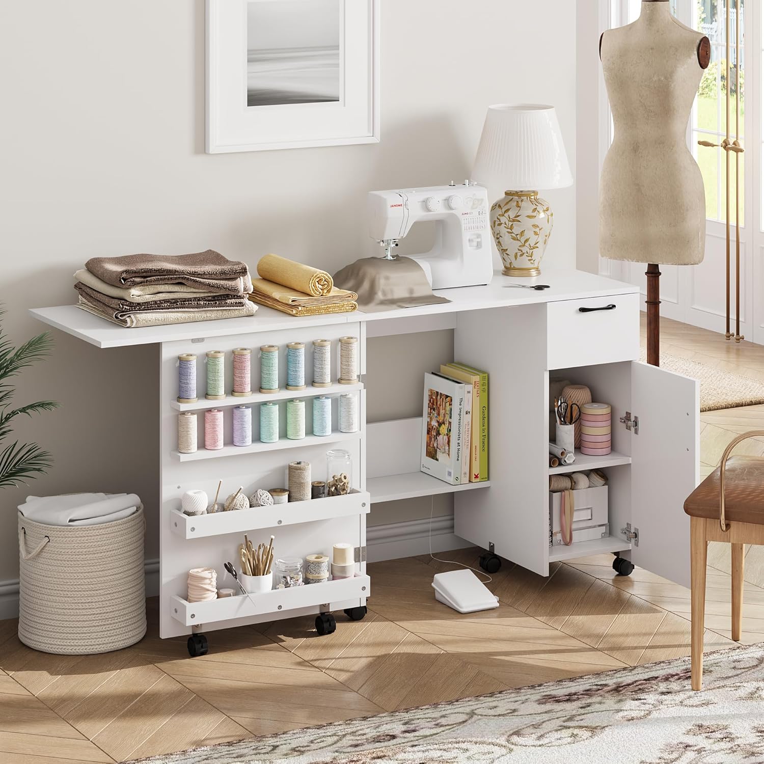 M optimized Folding Sewing Table, Multipurpose Craft Table with Storage, Craft Cart with Drawer, Craft Station Desk with Lockable Wheels, Sewing Cabinet with Storage Shelves